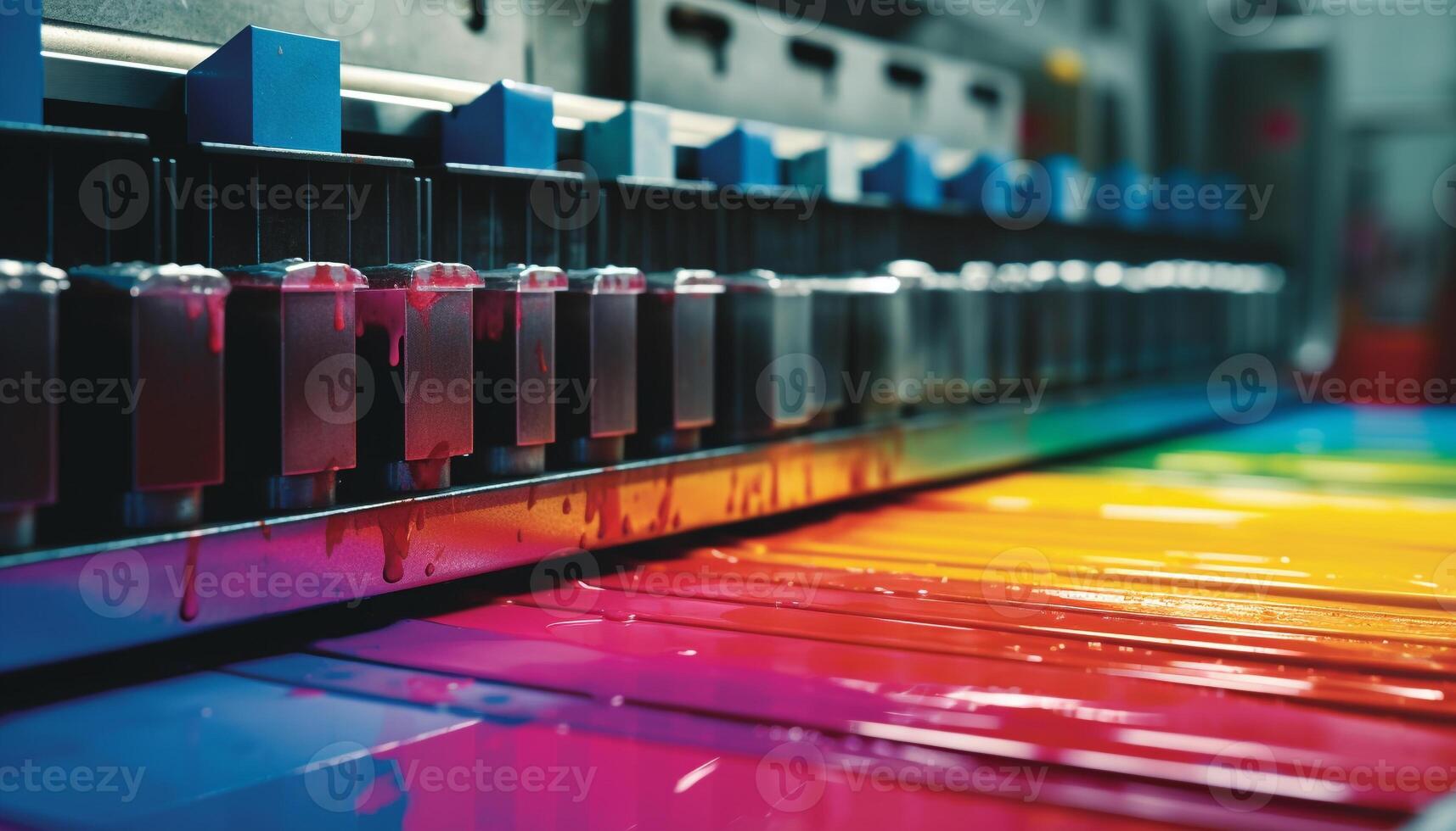 Modern factory equipment in a row, illuminated by blue lighting generated by AI photo