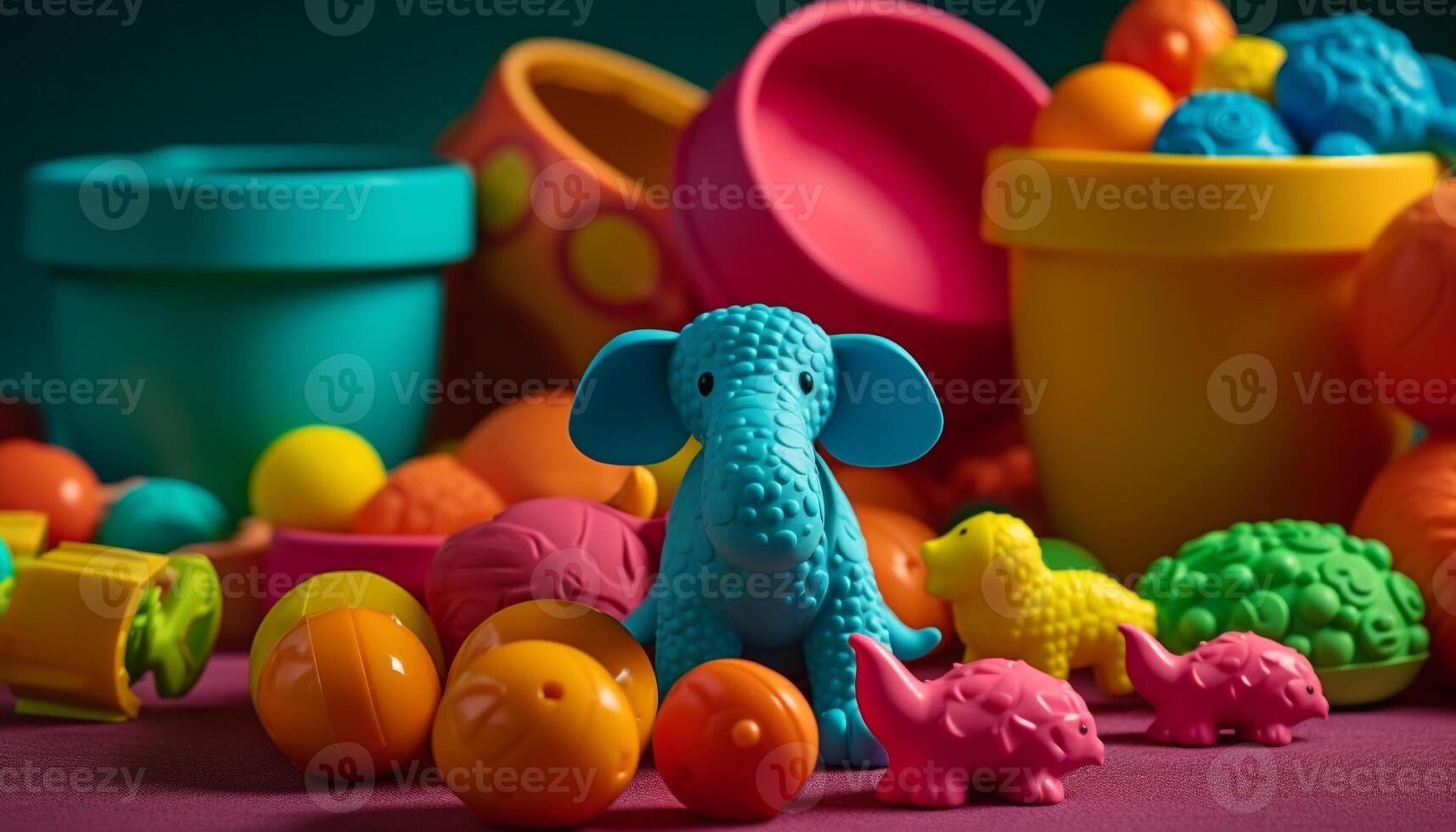 Fun, colorful animal toy playing with multi colored ball on background generated by AI photo