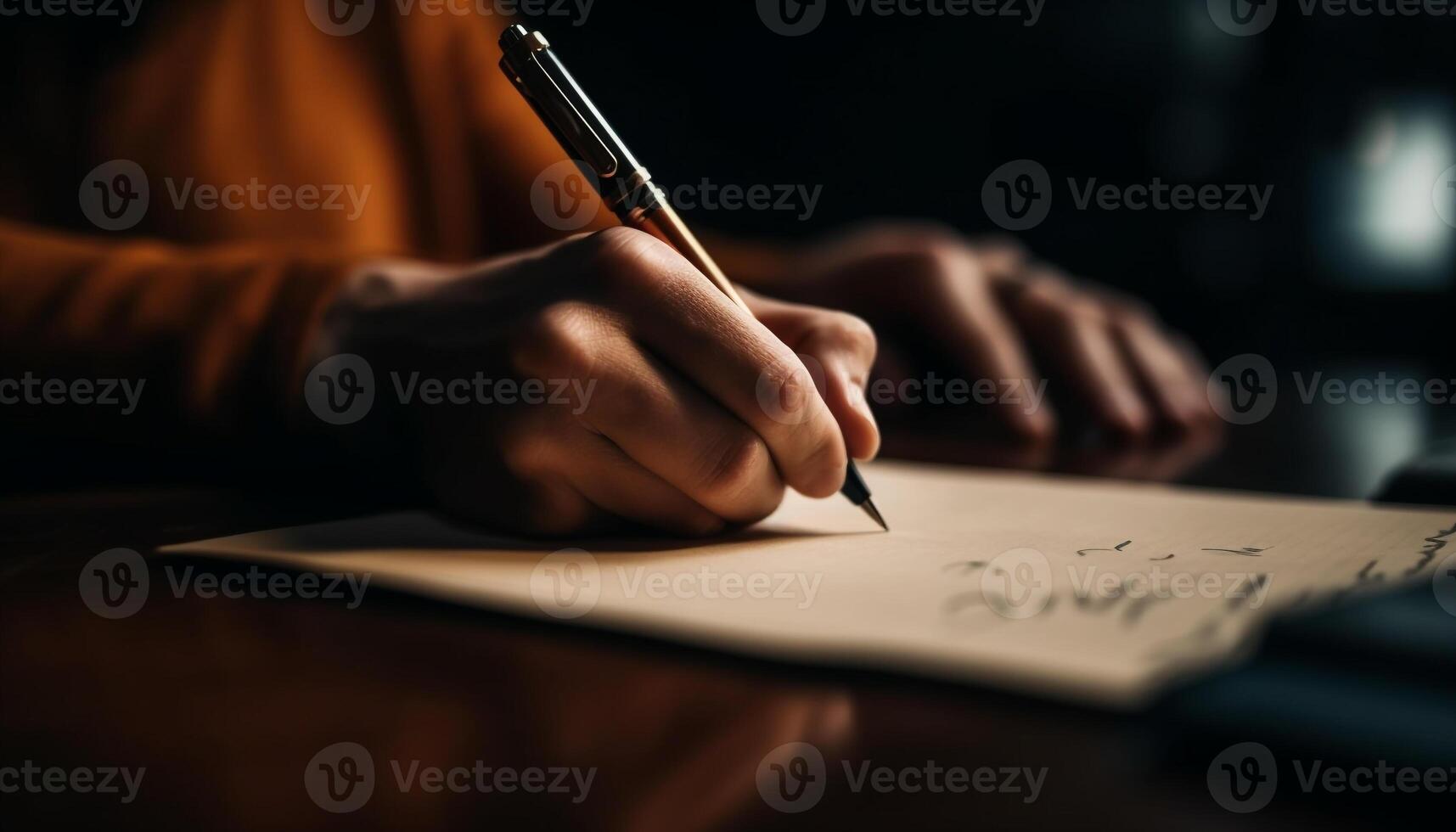 Creative student studying at desk, holding pencil and writing notes generated by AI photo