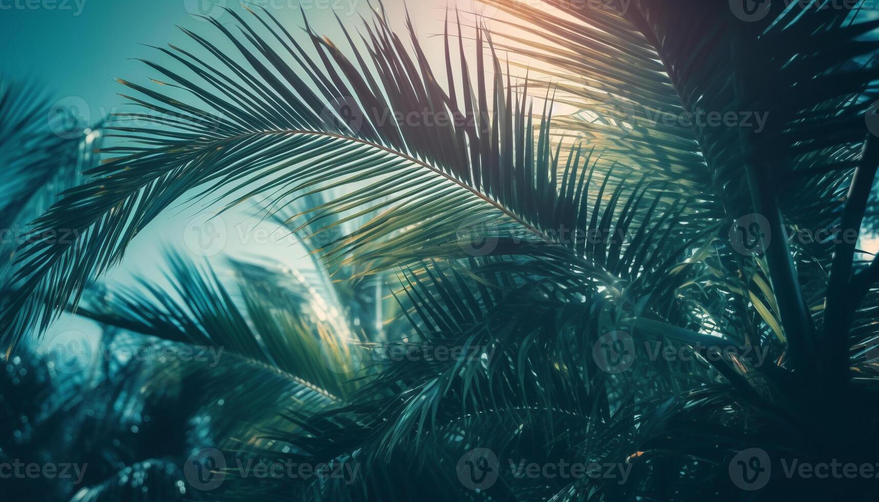 Exotic palm tree in tropical paradise, basking in sunset warmth generated by AI photo