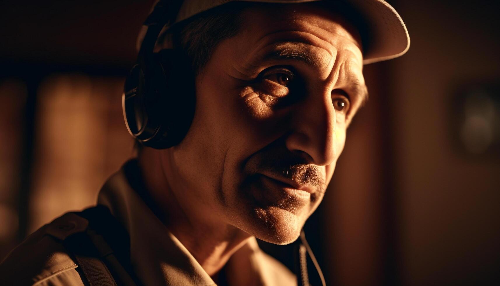 One young adult musician smiling, listening to music with headphones generated by AI photo
