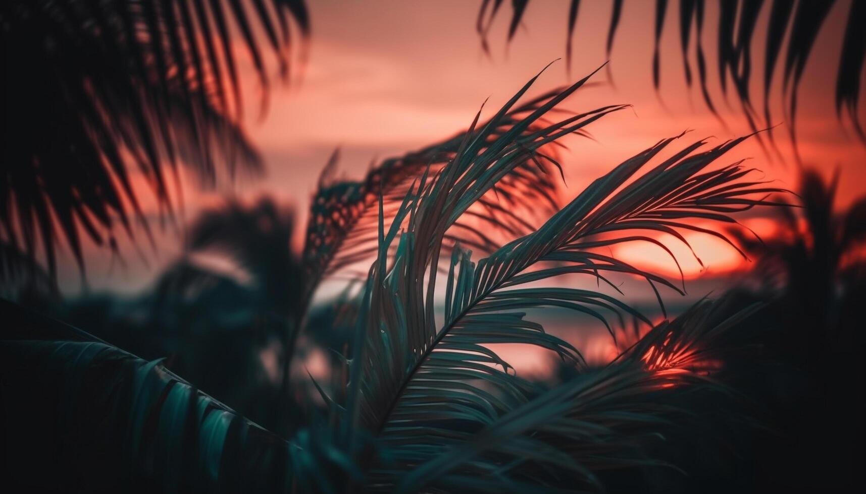 Vibrant sunset silhouettes palm tree against tropical backdrop of nature generated by AI photo