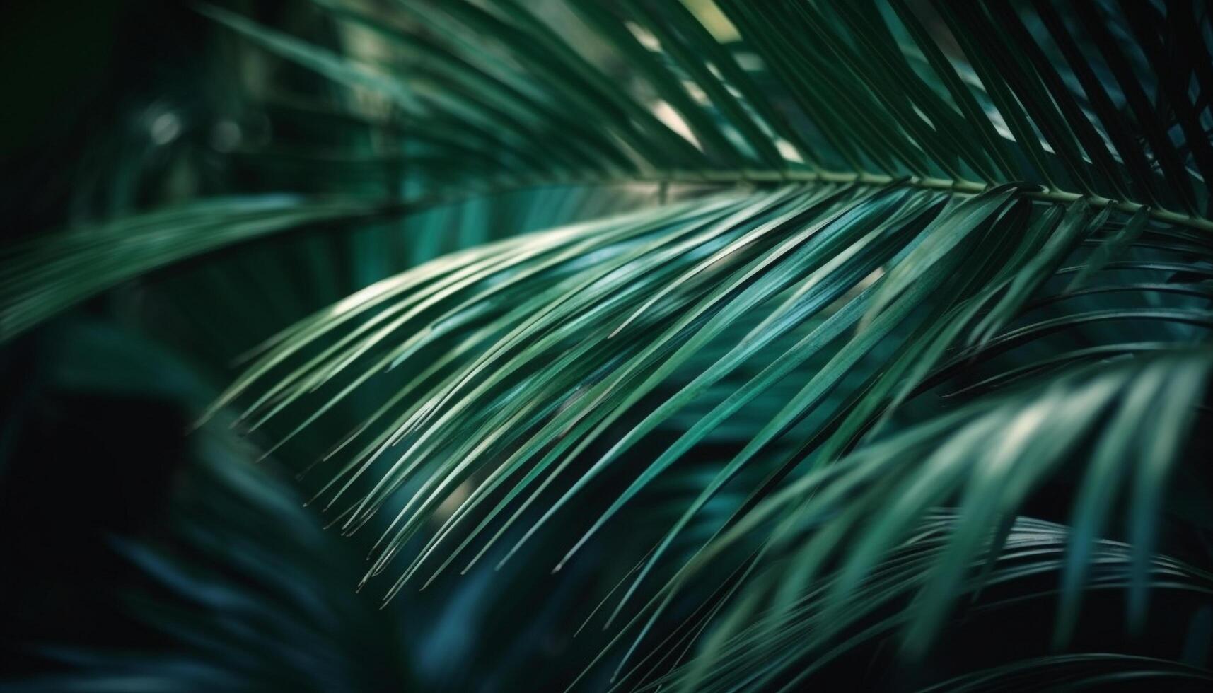 Fresh green palm frond in abstract pattern, tropical vacation backdrop generated by AI photo