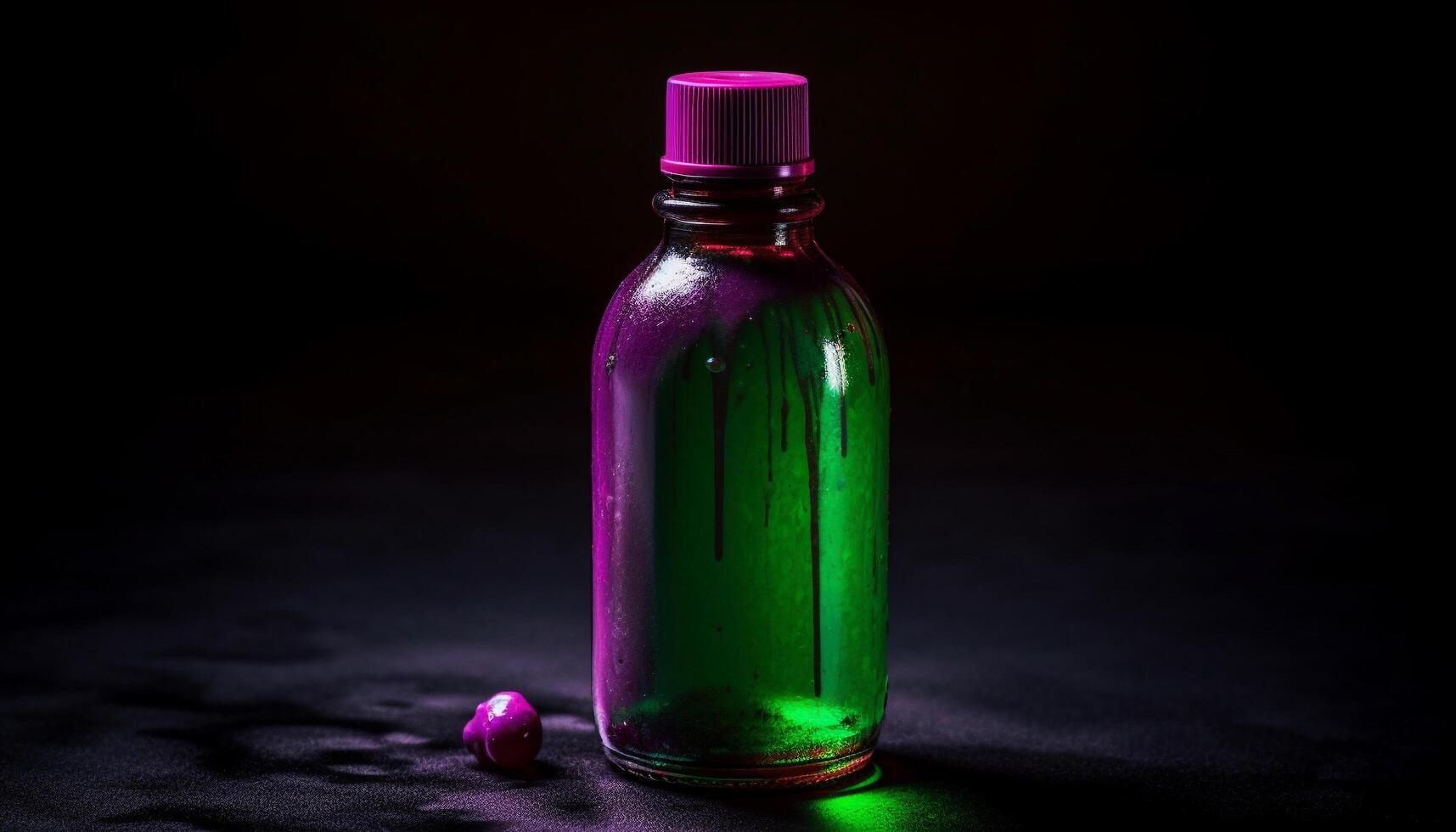 Transparent glass bottle with purple liquid for aromatherapy medicine generated by AI photo