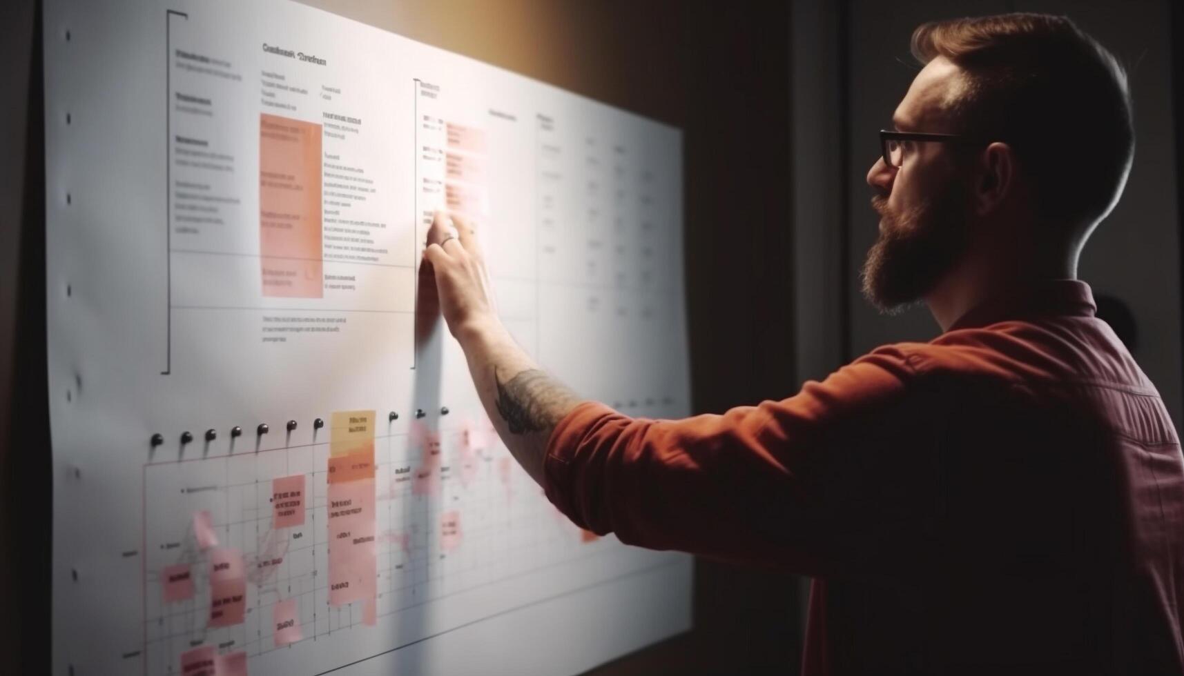 One confident businessman standing indoors, planning strategy on whiteboard generated by AI photo