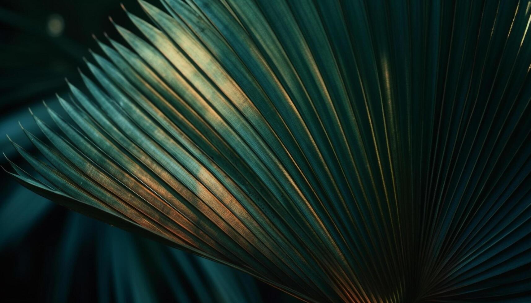 Vibrant palm fronds in a row create abstract tropical backdrop generated by AI photo