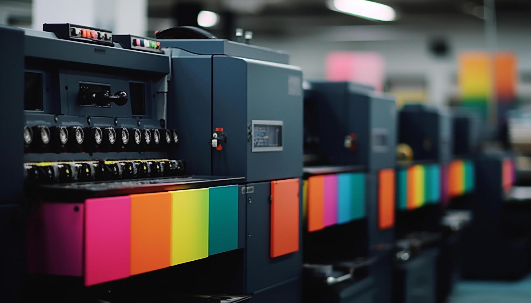 Modern factory machinery in a row, controlled by computer technology generated by AI photo