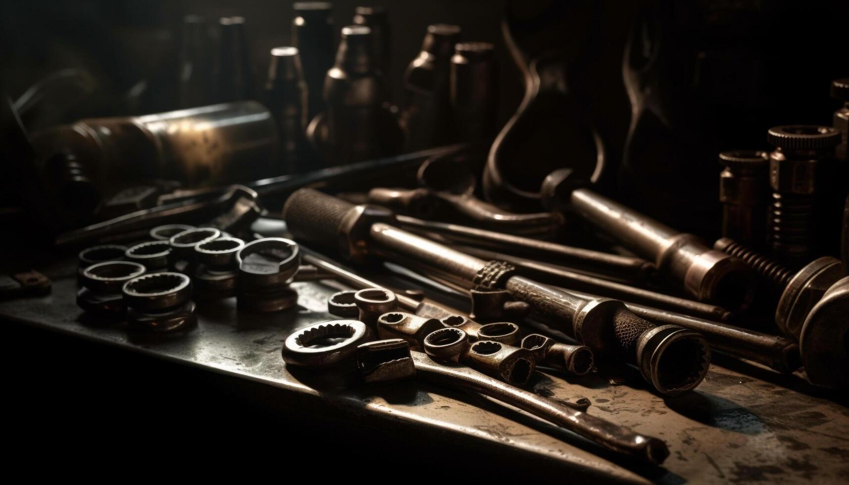 Metallic work tools in a rusty repair shop close up generated by AI photo