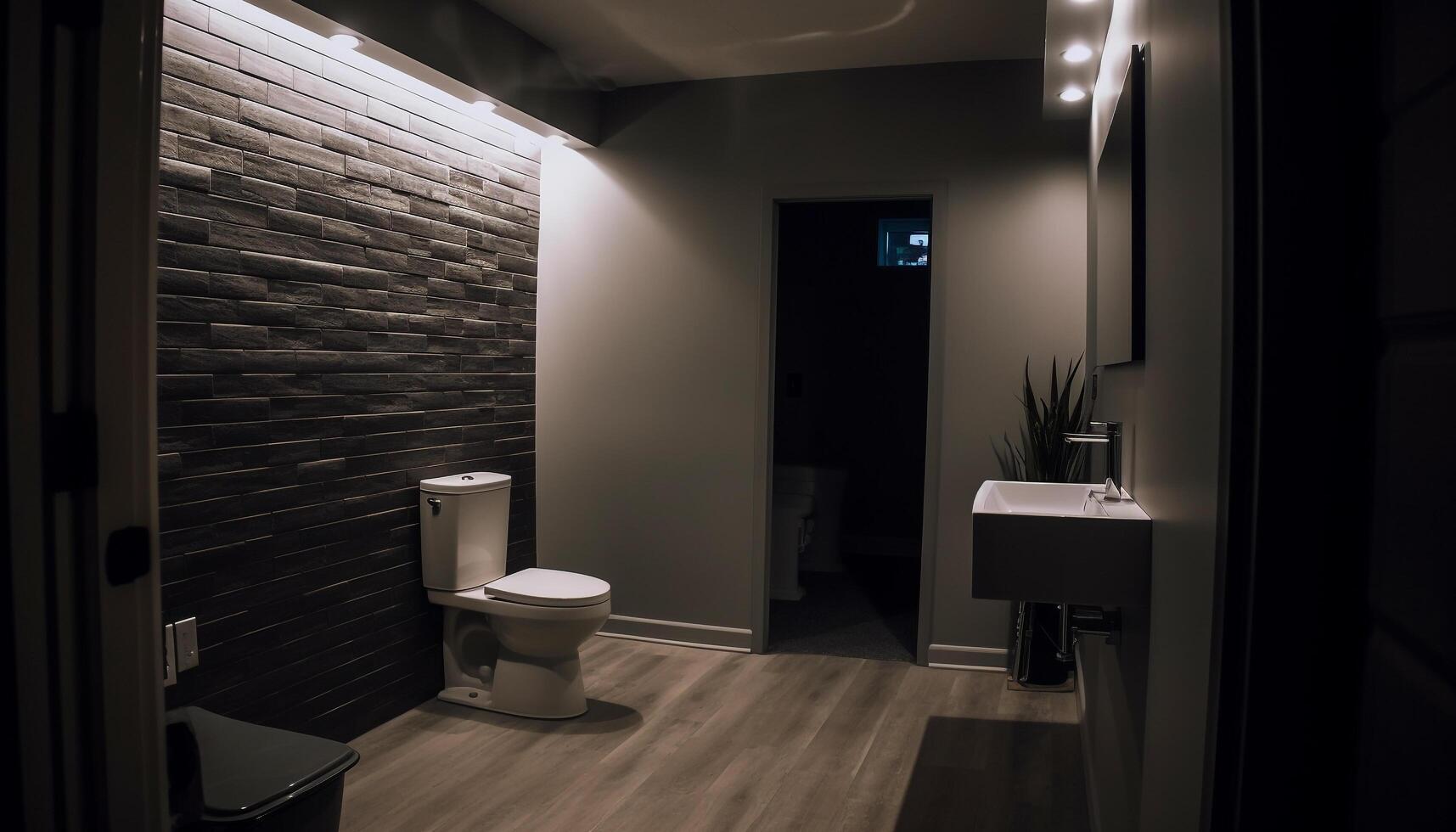 Modern luxury bathroom with elegant design, comfortable seating and illuminated lighting generated by AI photo