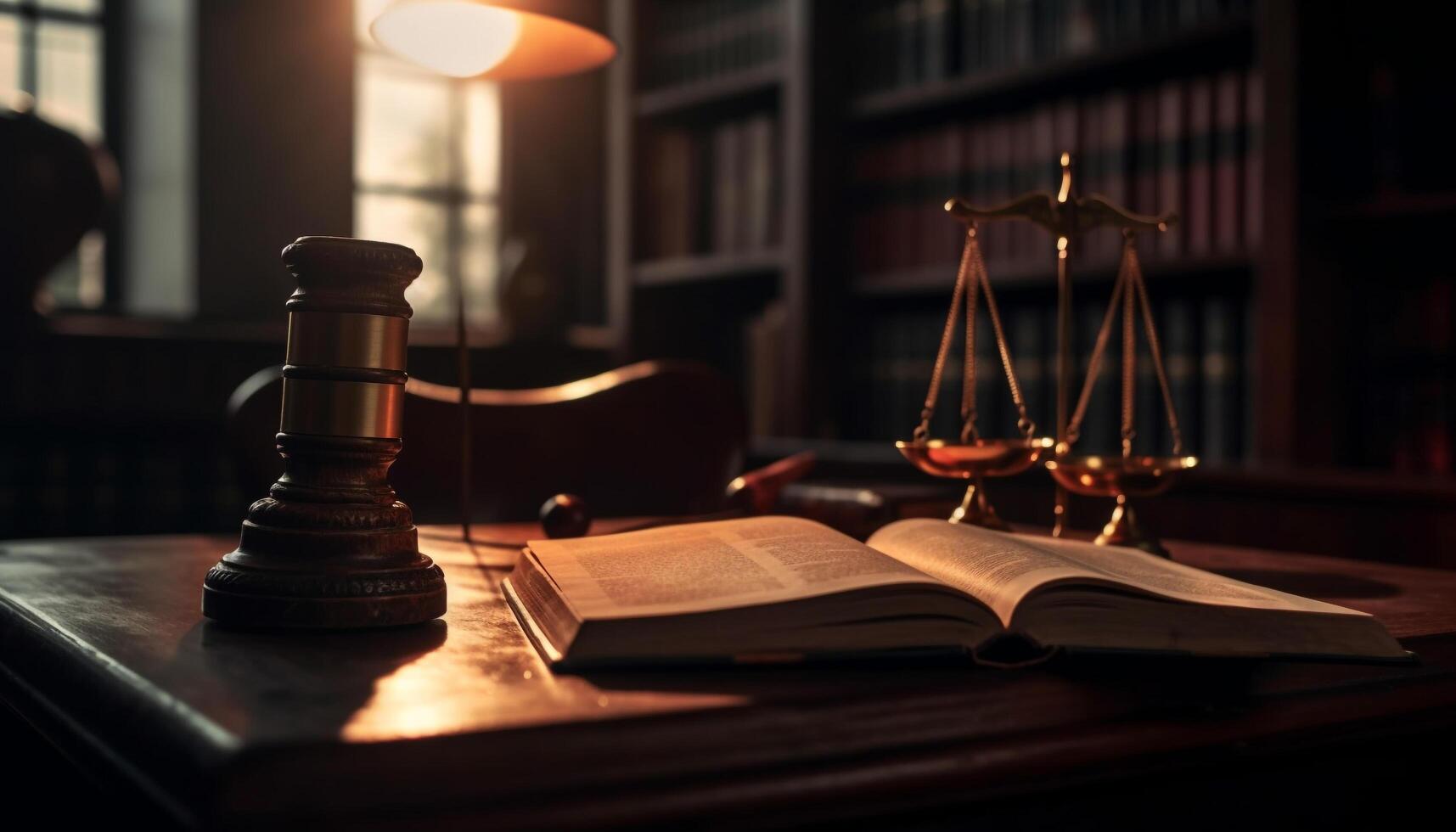 Law and religion meet on the old wooden desk indoors generated by AI photo