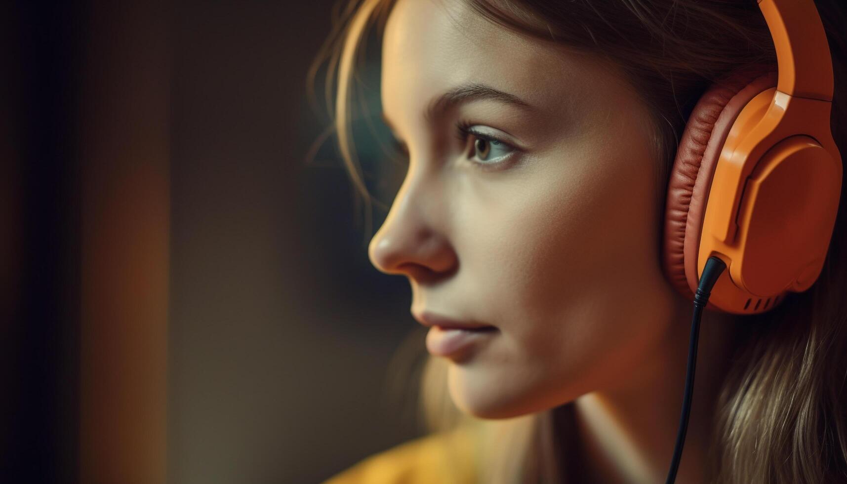 Young woman enjoying leisure activity, listening to music with headphones generated by AI photo