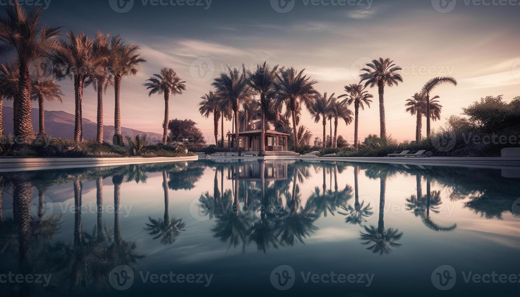 Idyllic tourist resort offers luxury vacations with tranquil poolside relaxation generated by AI photo