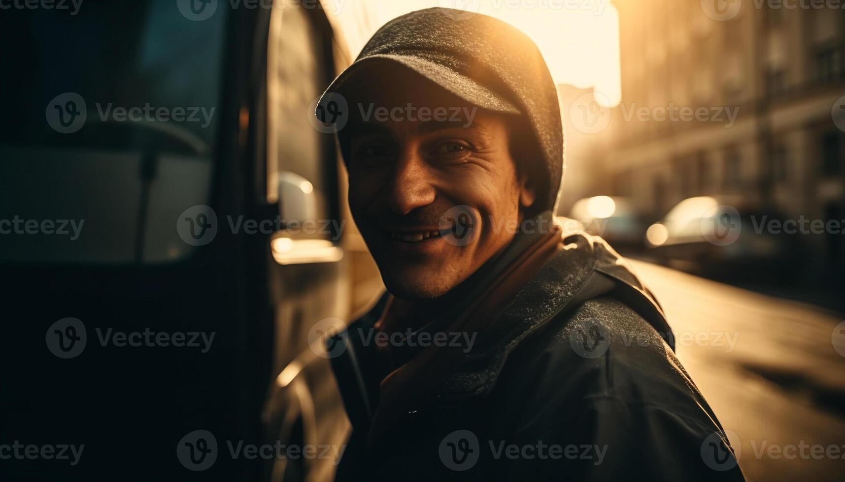 One man driving a car in the city at night generated by AI photo