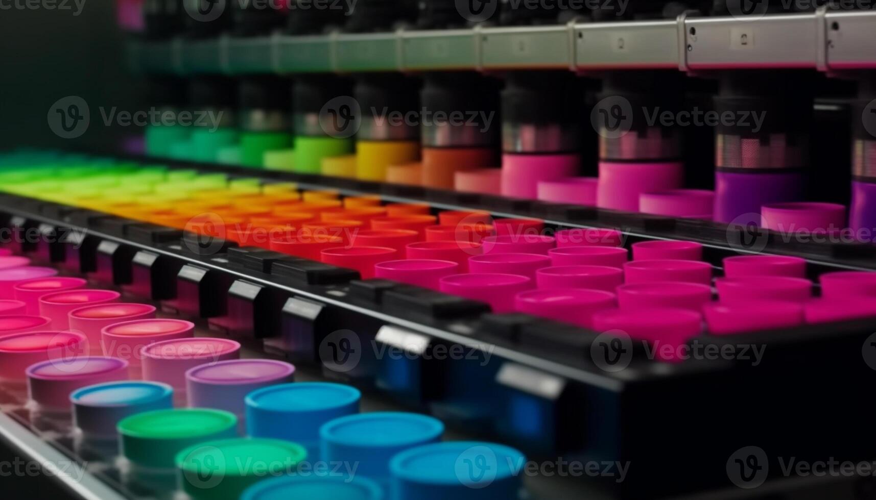 Multi colored liquid paint in a row, close up in laboratory equipment generated by AI 24622234