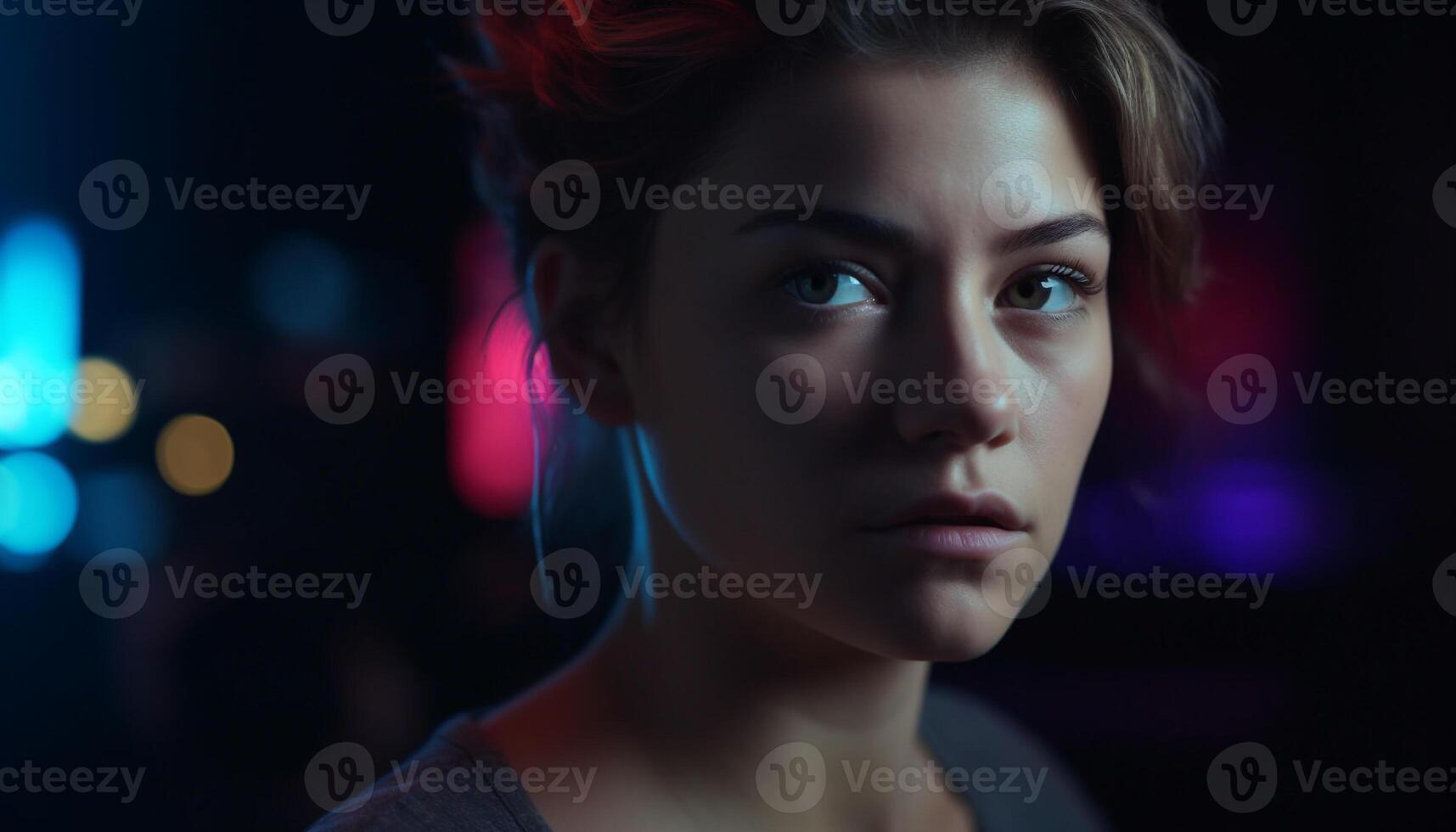 Confident young woman, illuminated in dark, exudes sensuality and elegance generated by AI photo