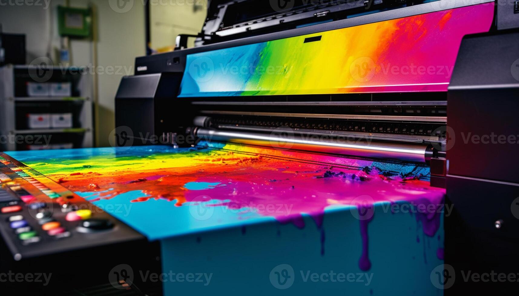 moderno impresión prensa mezcla multi de colores tinta con láser tecnología adentro generado por ai foto