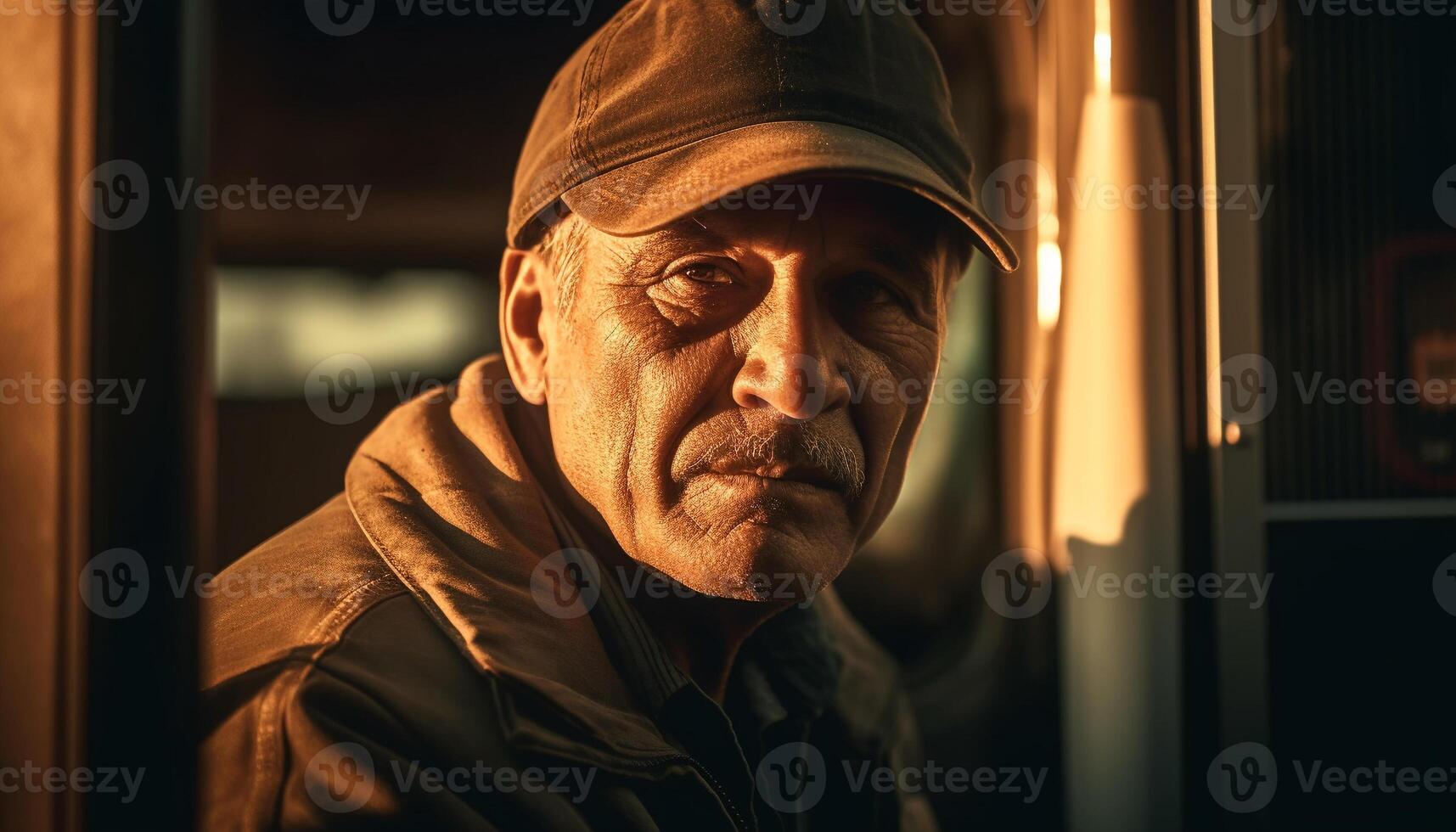 Sad senior man looking at camera in city, alone and depressed generated by AI photo