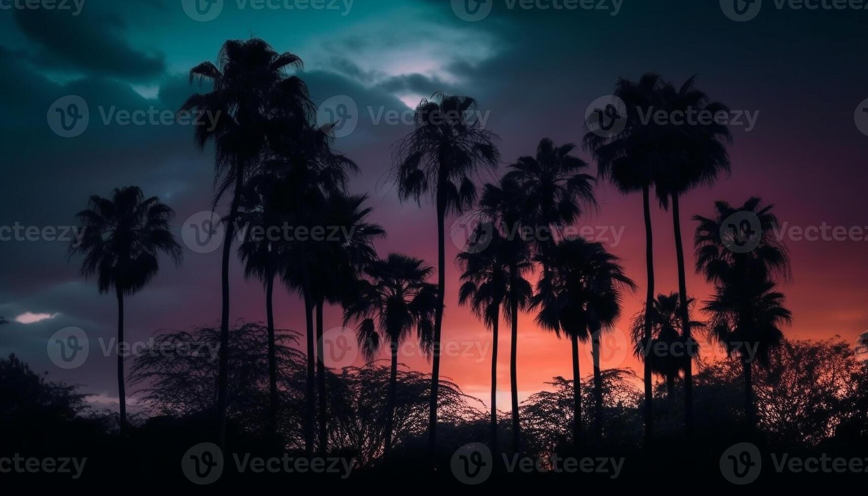 Vibrant sunset silhouettes palm tree in tranquil Caribbean seascape generated by AI photo