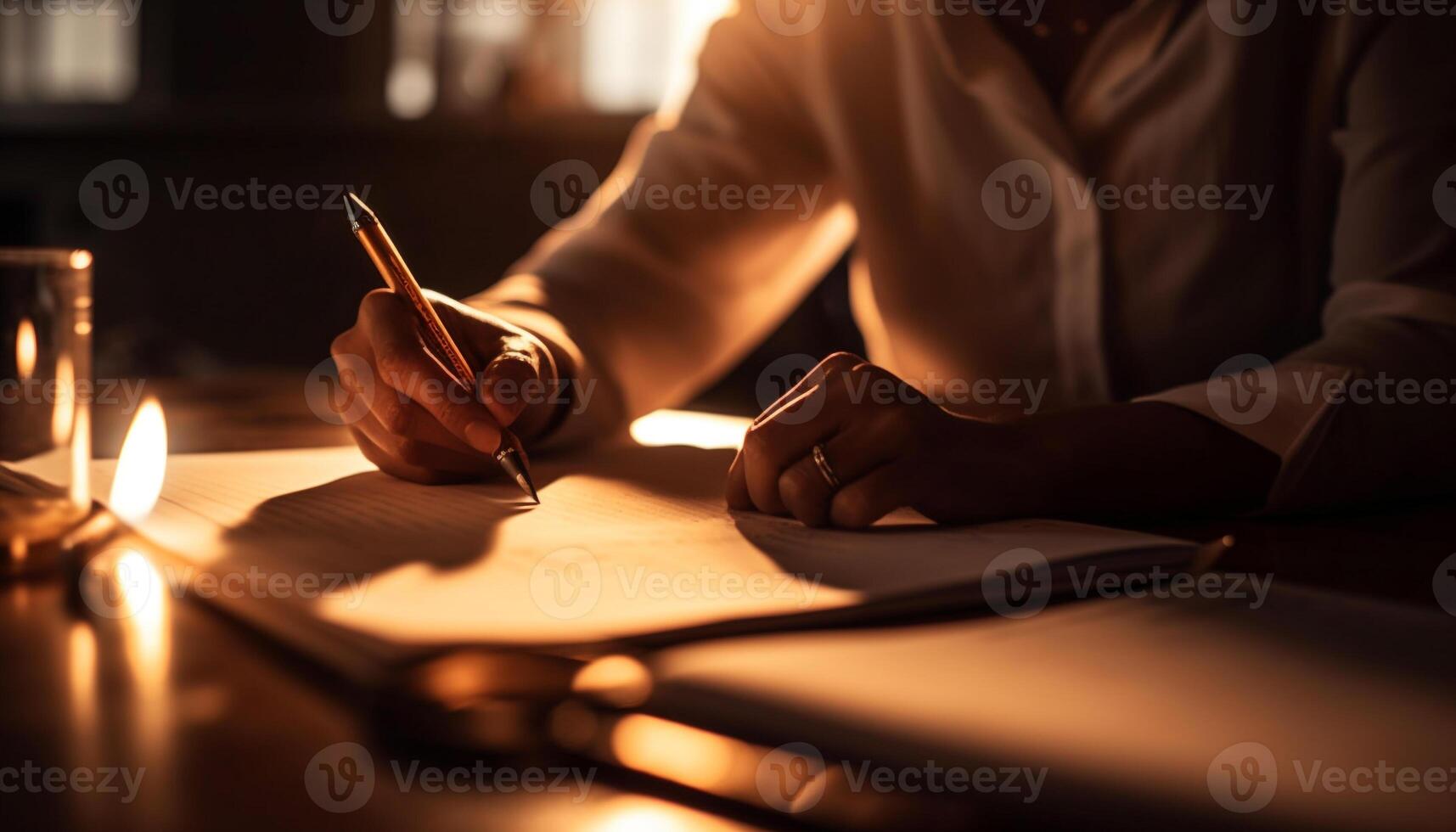 One person working indoors, holding pen, concentrating on document generated by AI photo