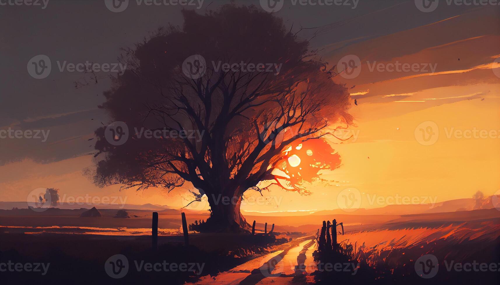 Sunset silhouette tree branch backlit on orange sky generated by AI photo