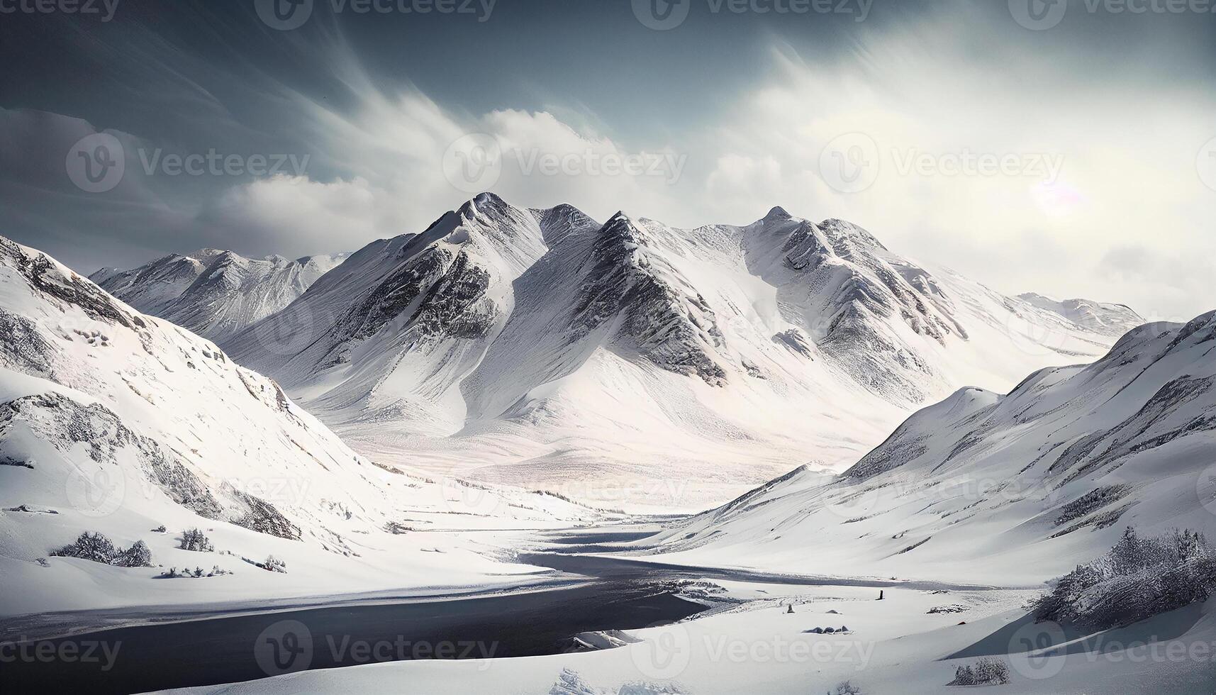 Snowy mountain peak stands tall over tranquil landscape generated by AI