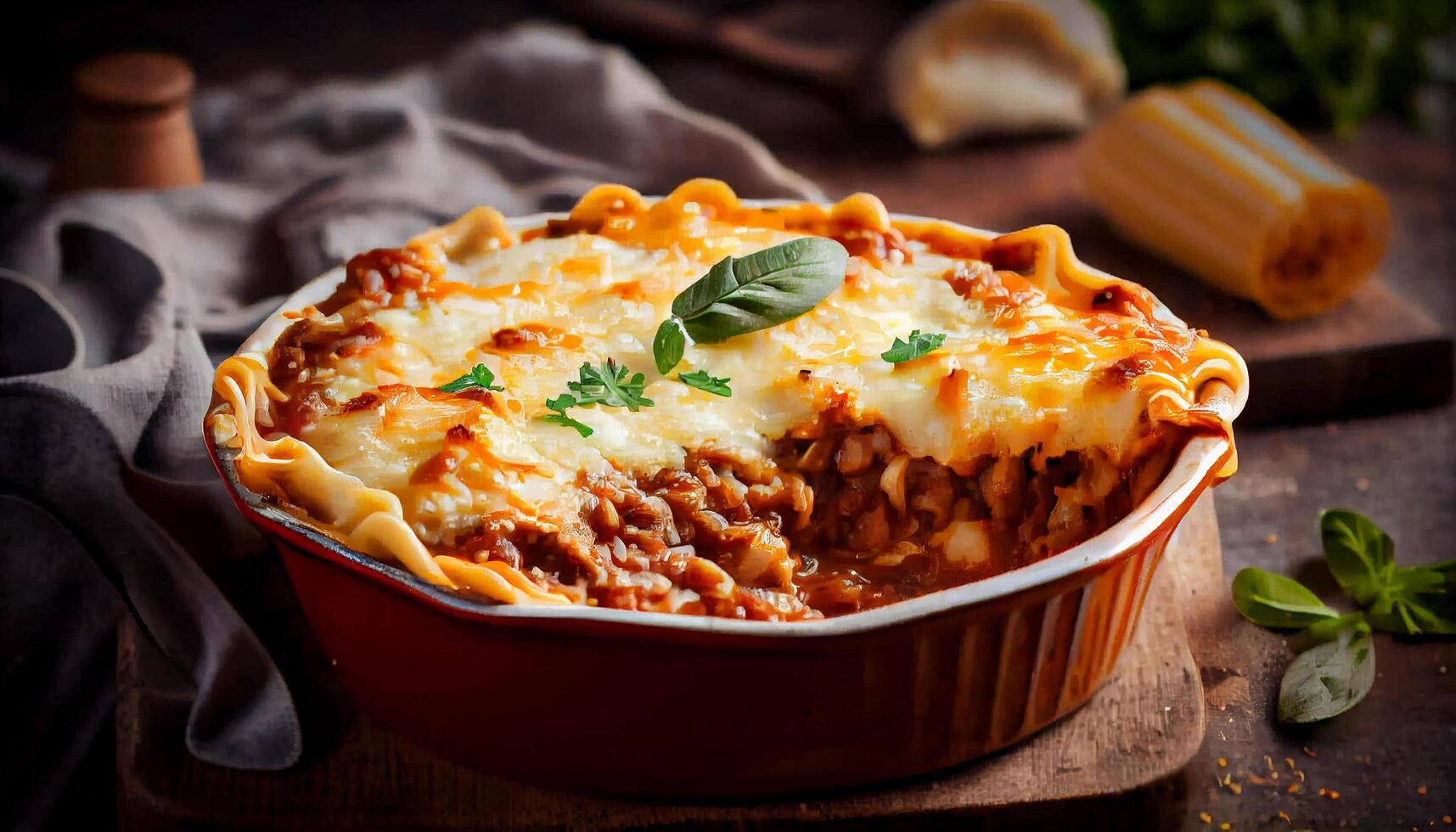 Freshly Baked Lasagna on Rustic Wooden Table generated by AI photo