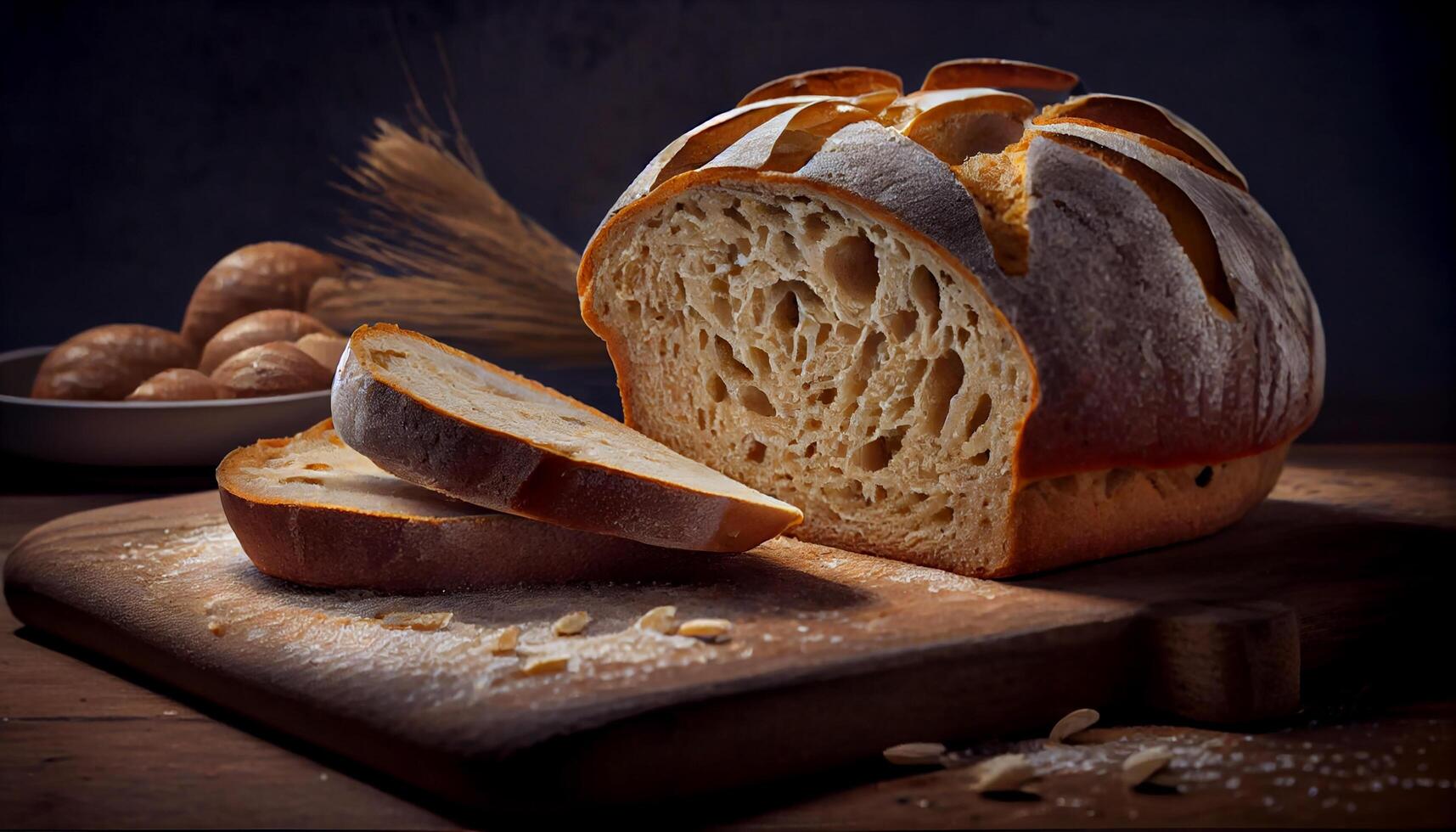 Freshly Baked Rustic Loaf on Wooden Table generated by AI photo