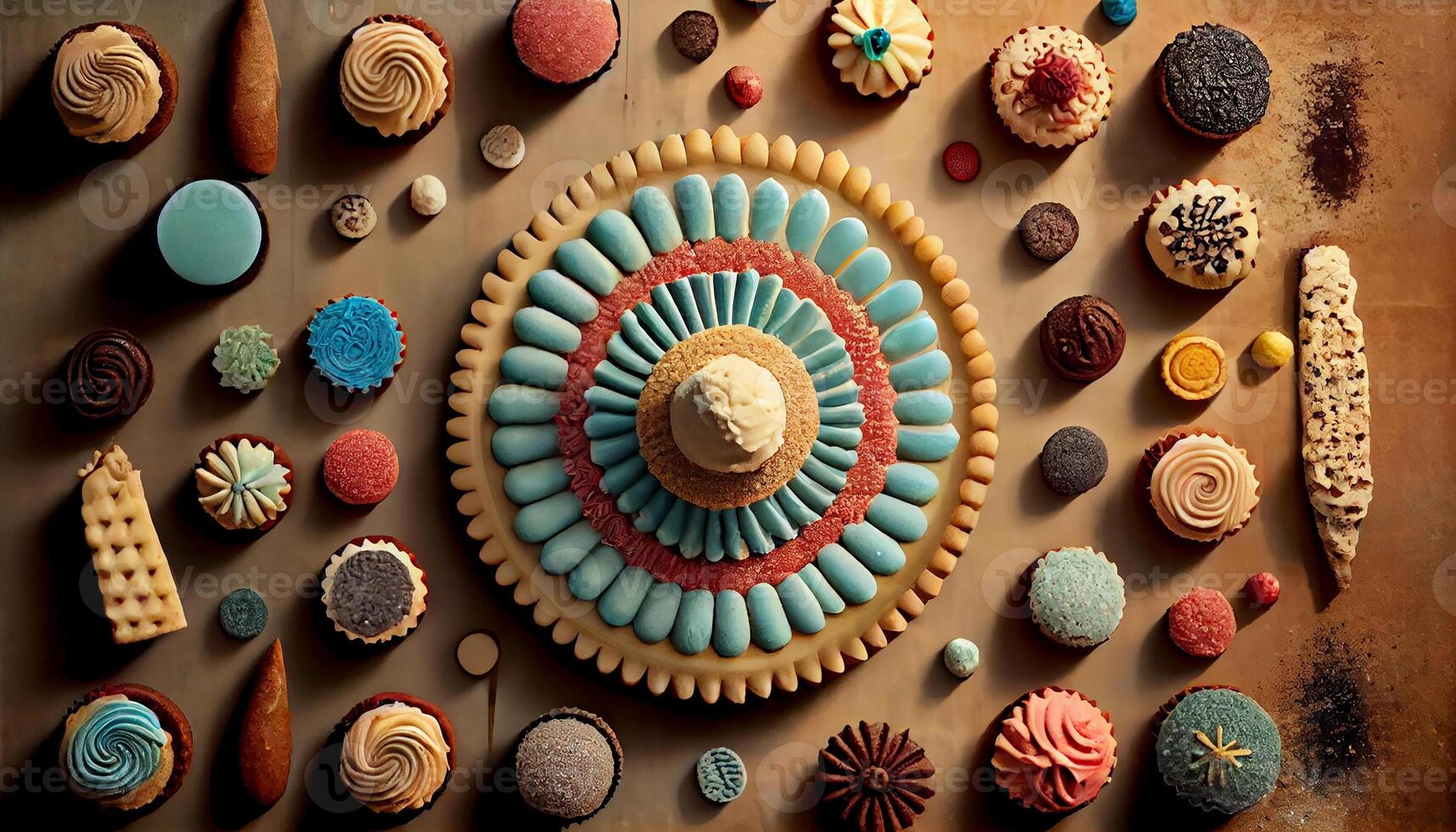 Multi colored seashell collection arranged in decorative wheel generated by AI photo