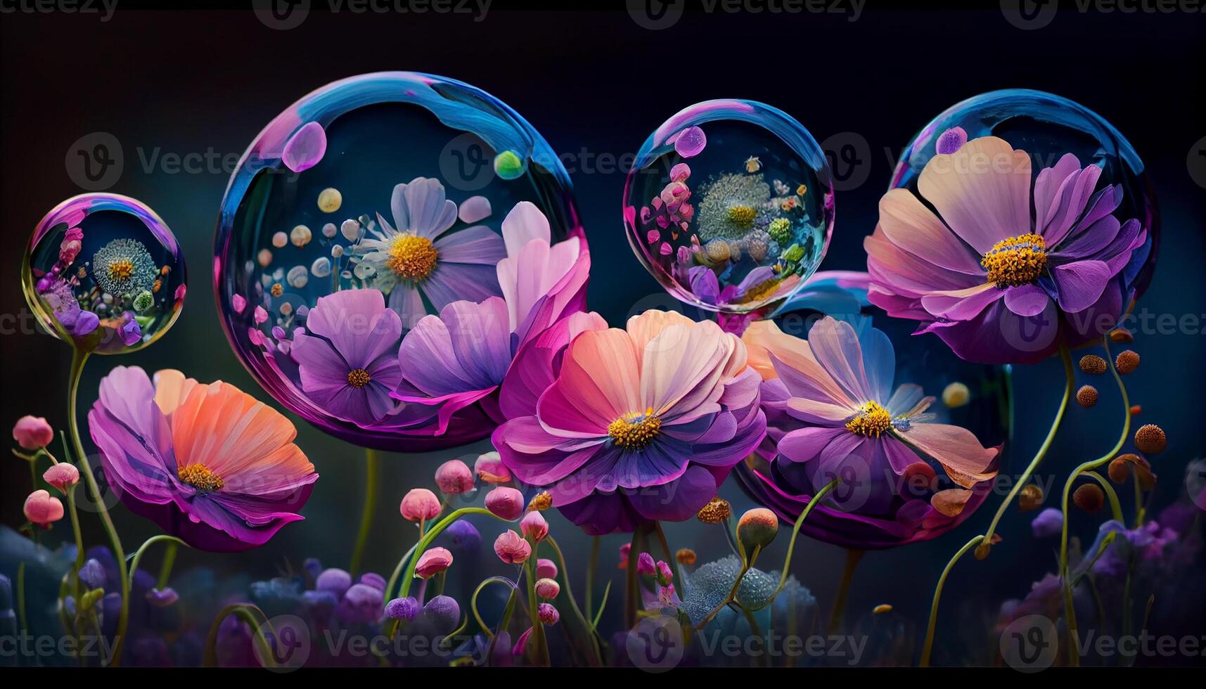 Nature blooming in fantasy meadow of colorful blossoms generated by AI photo