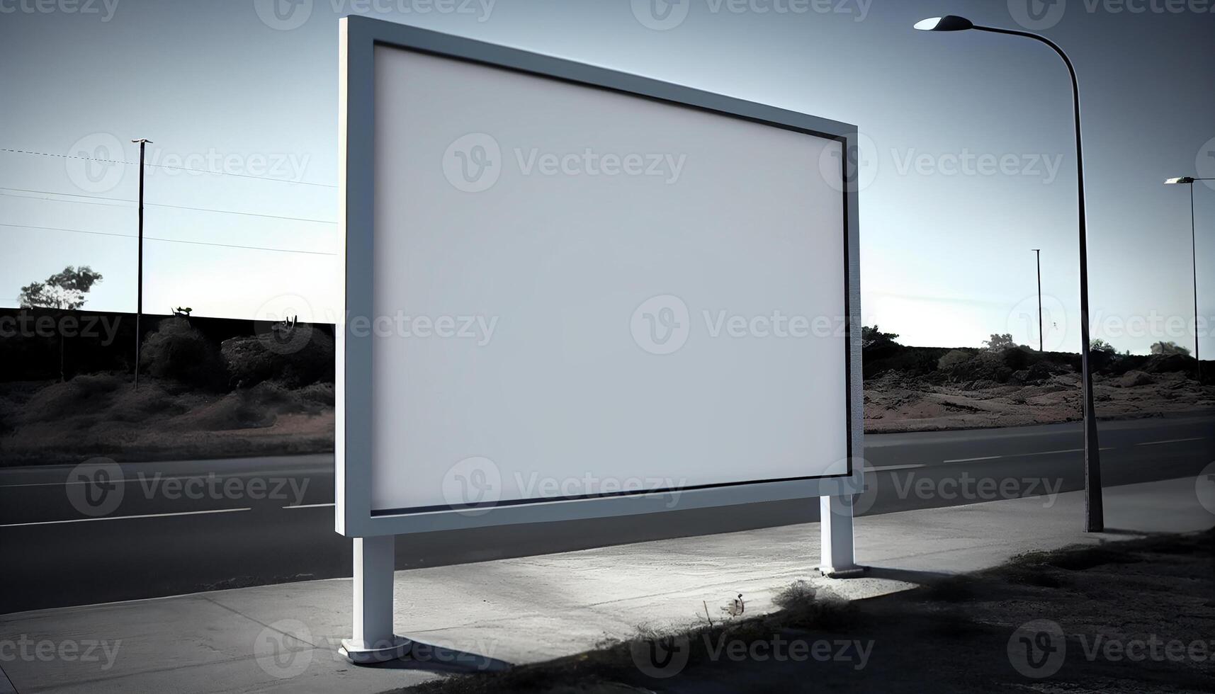 An empty billboard stands roadside blank and blue generated by AI photo