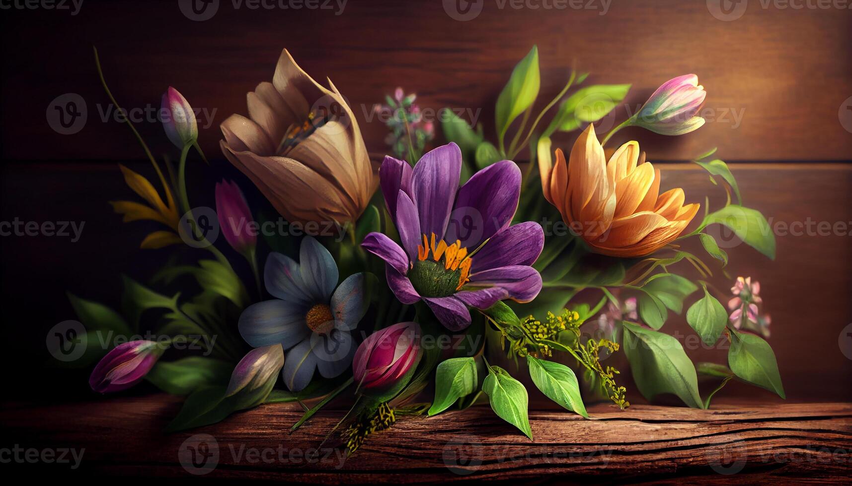 Nature bouquet with multi colored flowers and leaves generated by AI photo