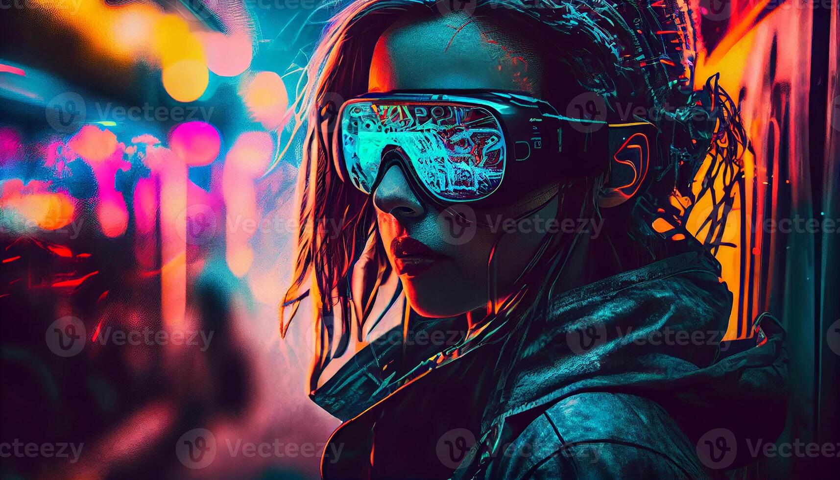 One young adult woman in sunglasses enjoying nightlife generated by AI photo