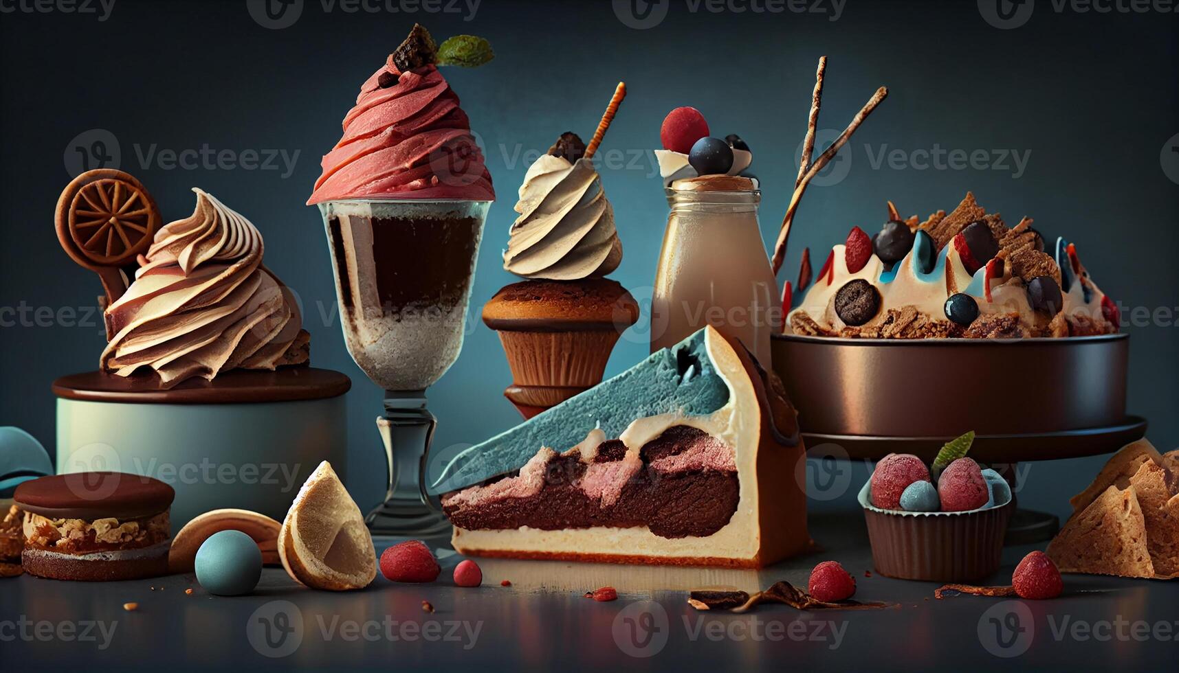 Sweet food desserts with whipped cream generated by AI photo