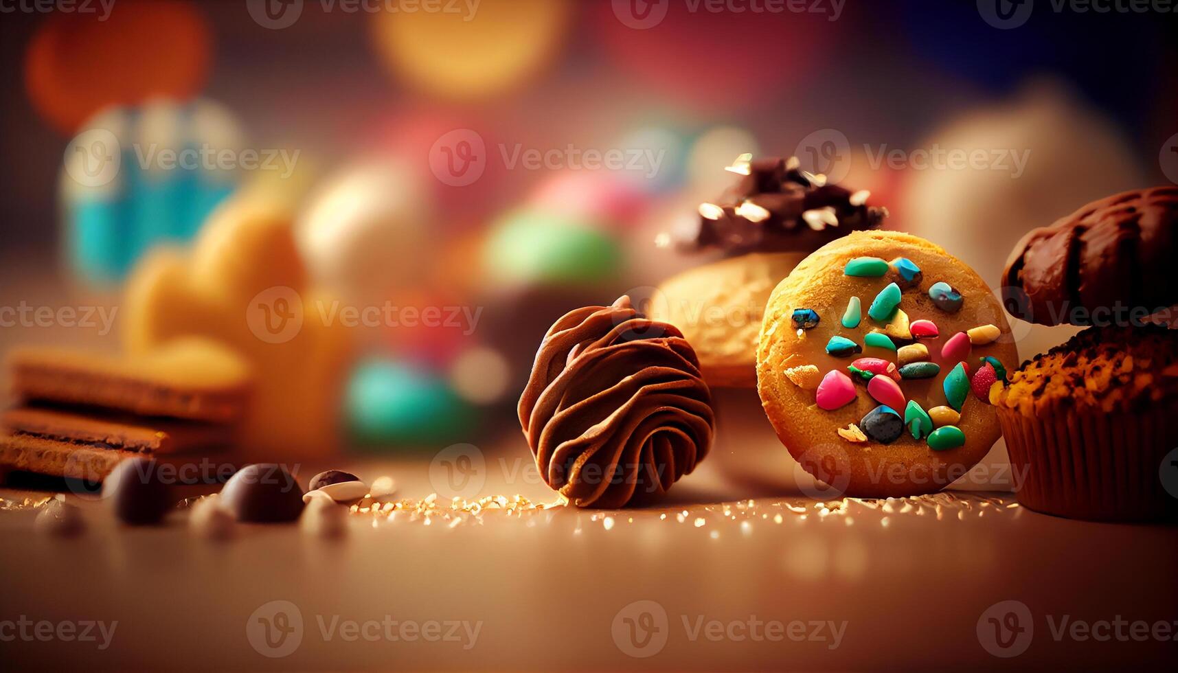 Gourmet chocolate dessert with colorful candy decorations generated by AI photo