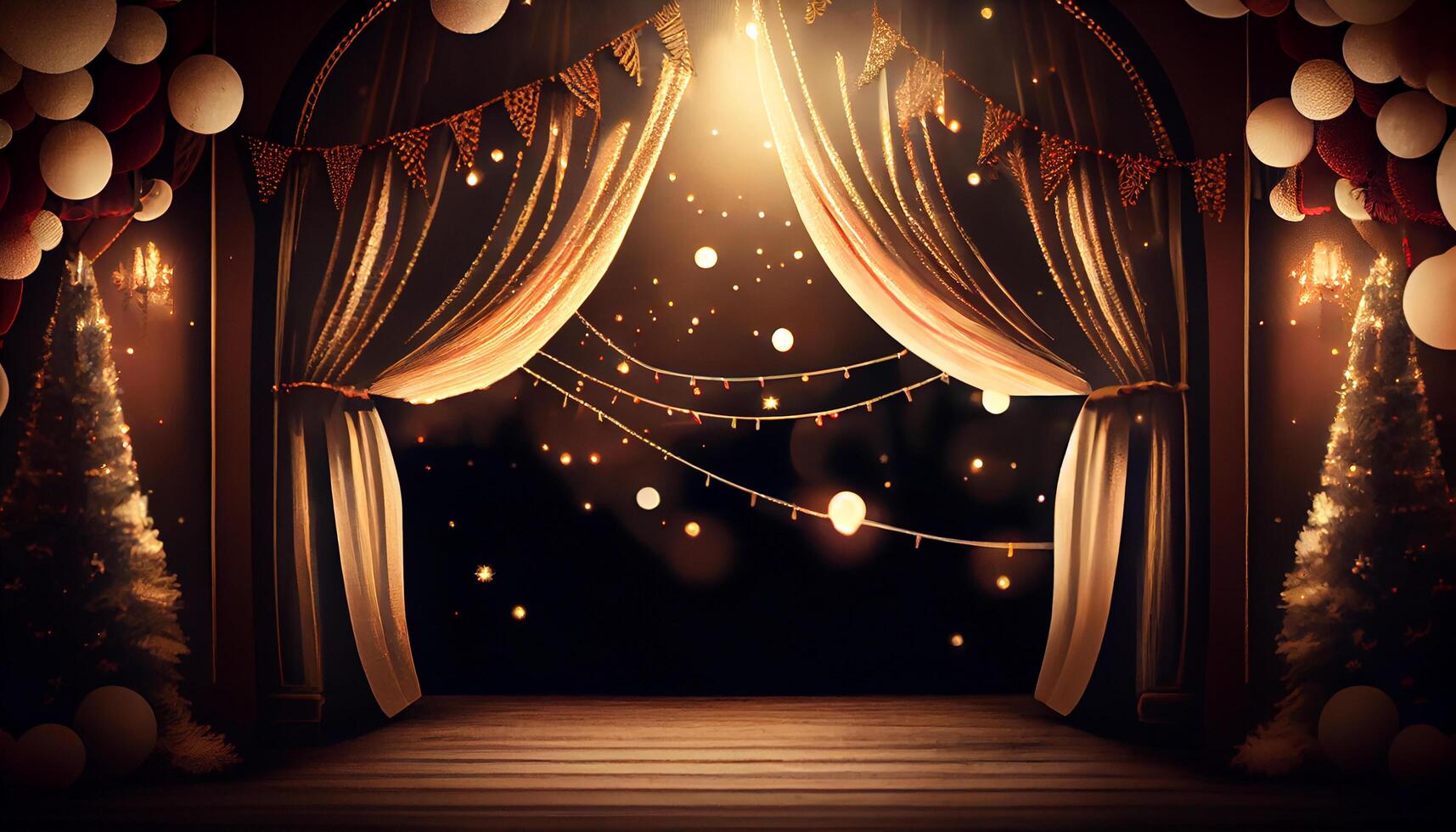 Stage decorated for night celebration, illuminated with shiny lighting generated by AI photo