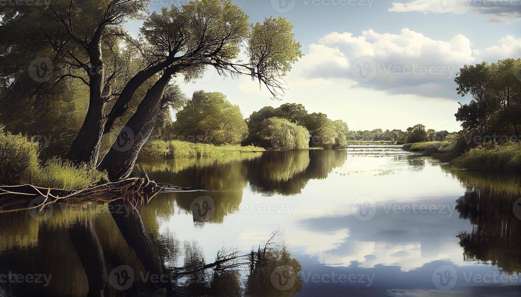 Nature beauty reflected in tranquil forest pond generated by AI photo