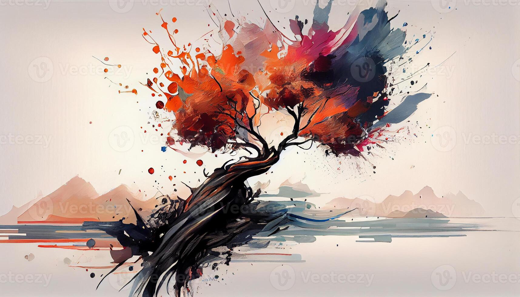 Abstract nature illustration tree backdrop, watercolor painted image generated by AI photo