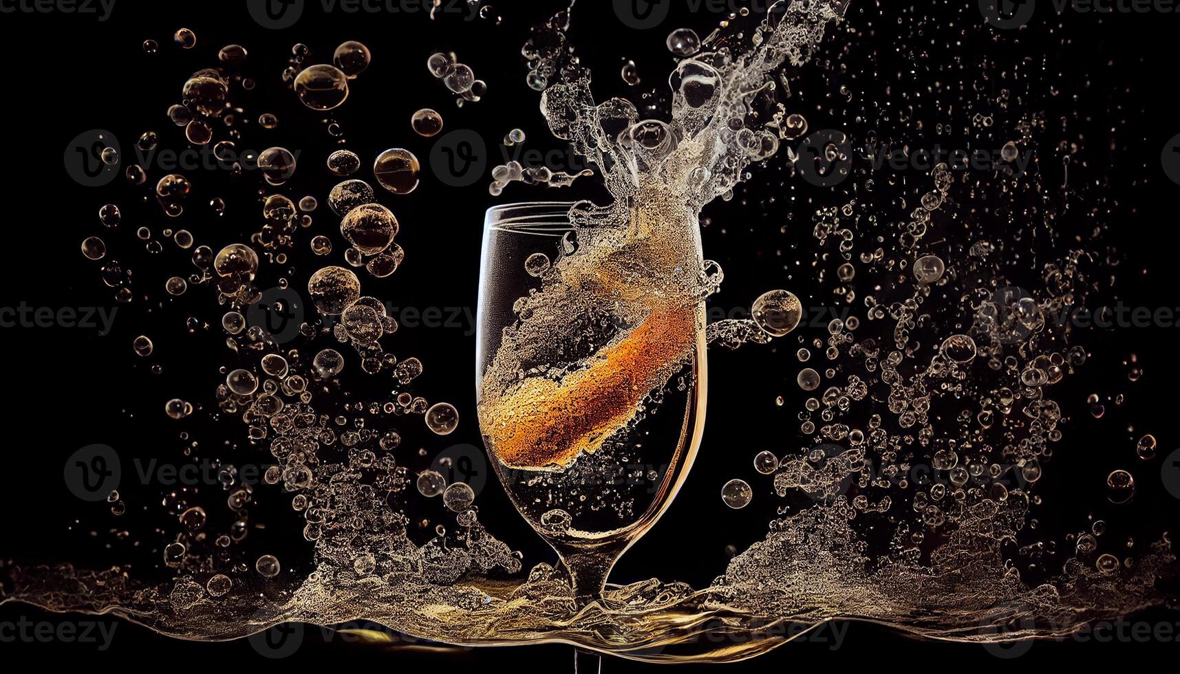 Liquid bubbled, drops splashed, celebrating with champagne generated by AI photo