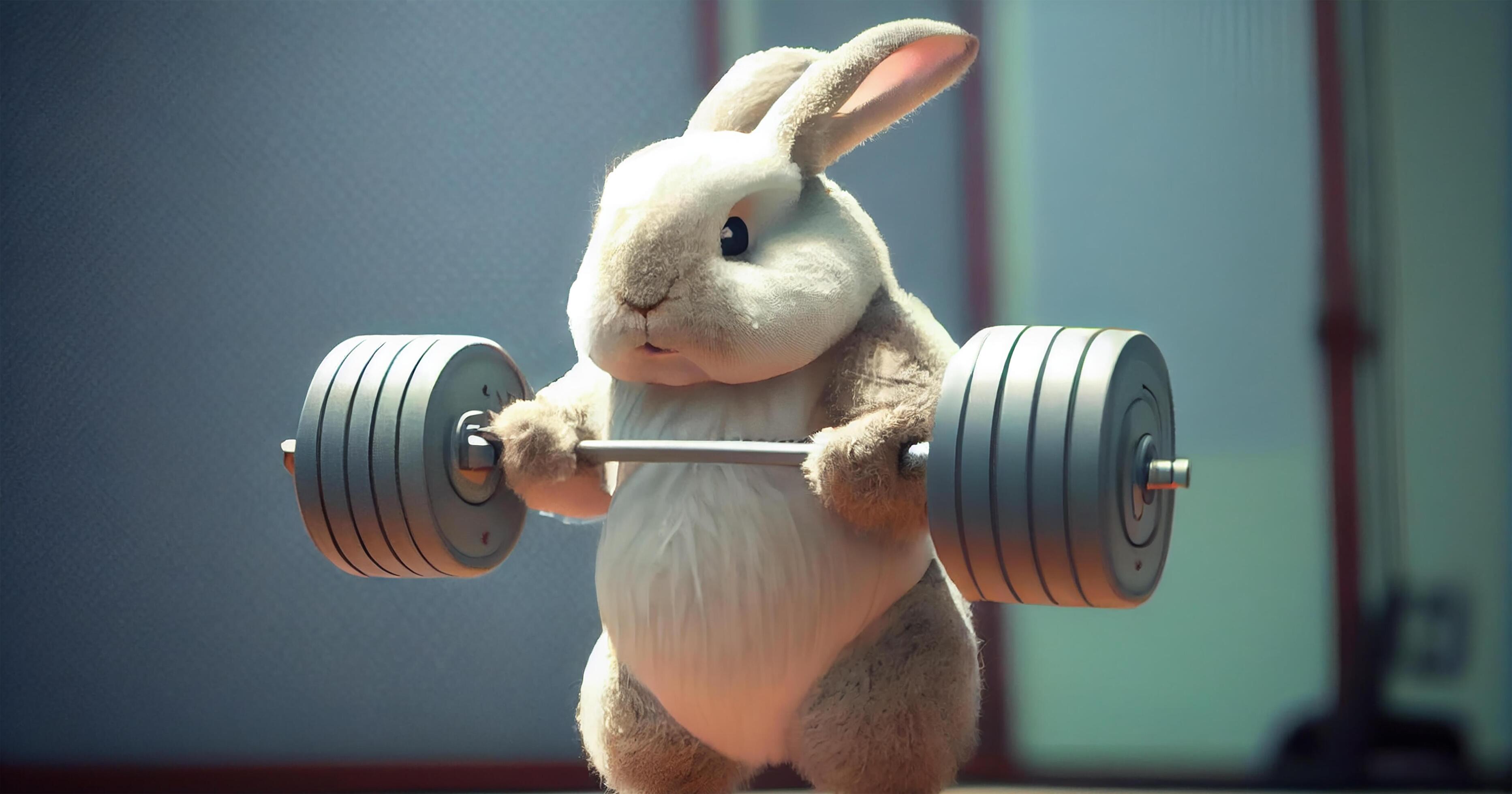 Muscular rabbit lifting weights at health club gym , 24622921 Stock
