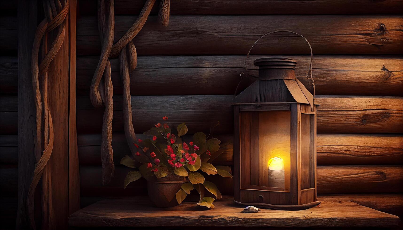 Lantern on wood background rustic and old fashioned , photo