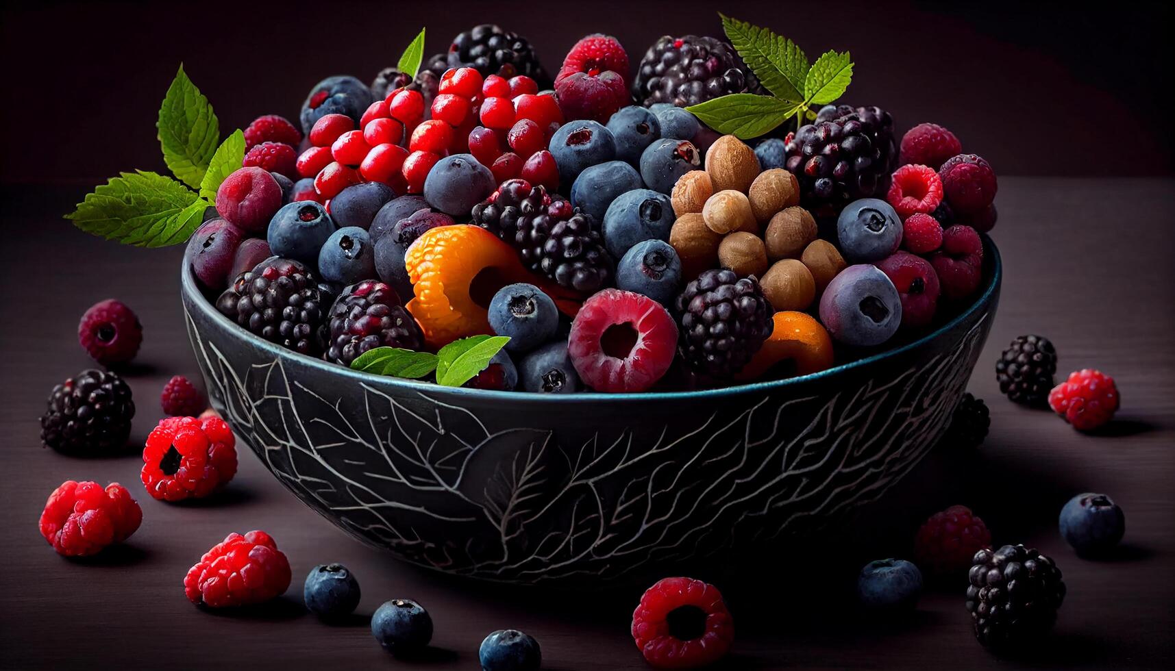 Fresh berries and yogurt on a purple plate , photo