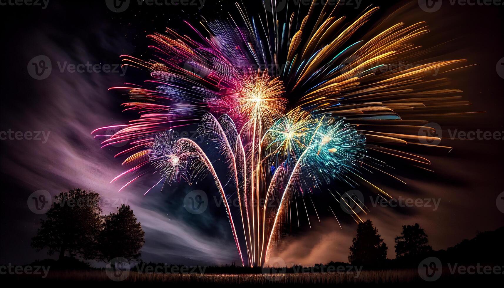 Night explodes with multi colored fireworks illuminating celebration , photo