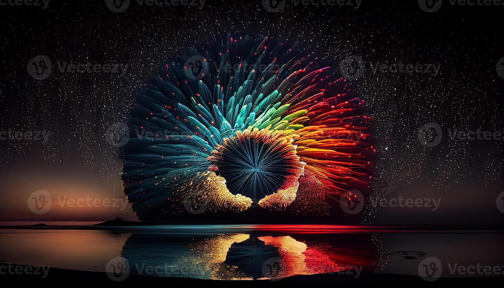 Night sky exploding abstract multi colored celebration illustration , photo