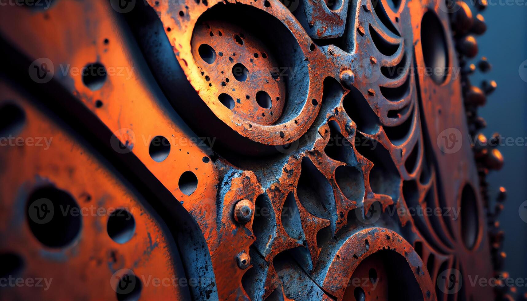 Rusty machinery wheel on metallic construction industry plate , photo