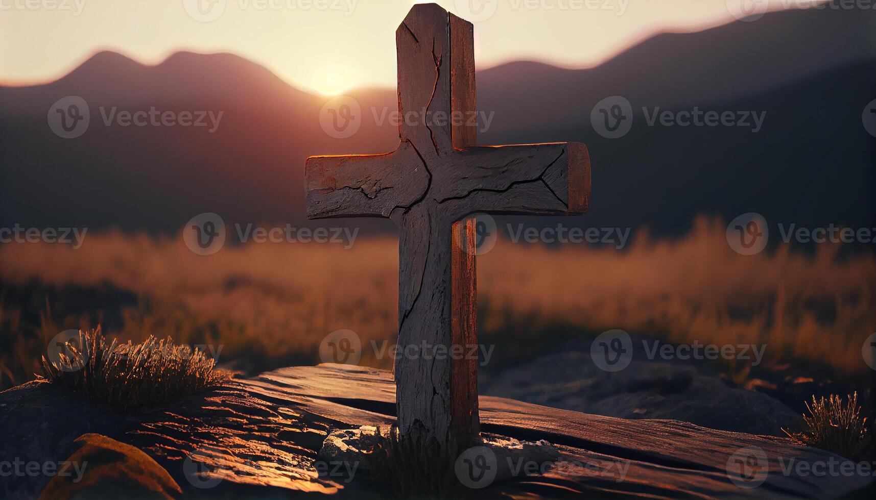 Christianity meets Nature Cross at Sunset silhouette , photo