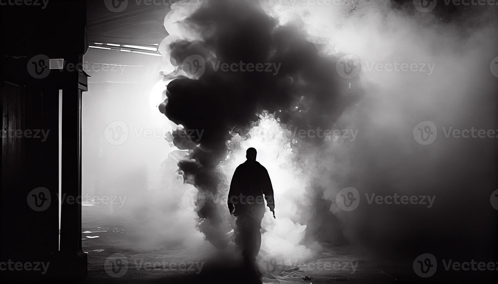 A dark silhouette standing in spooky fog , photo