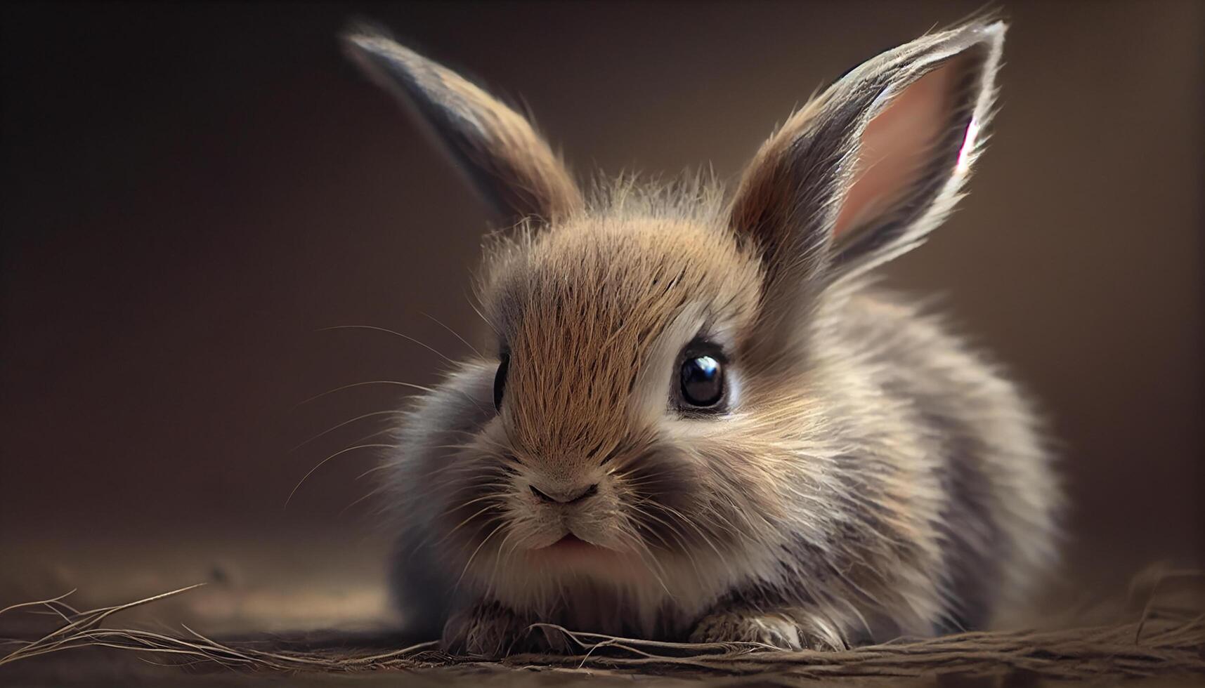 Cute fluffy baby rabbit sitting in grassy nature , photo