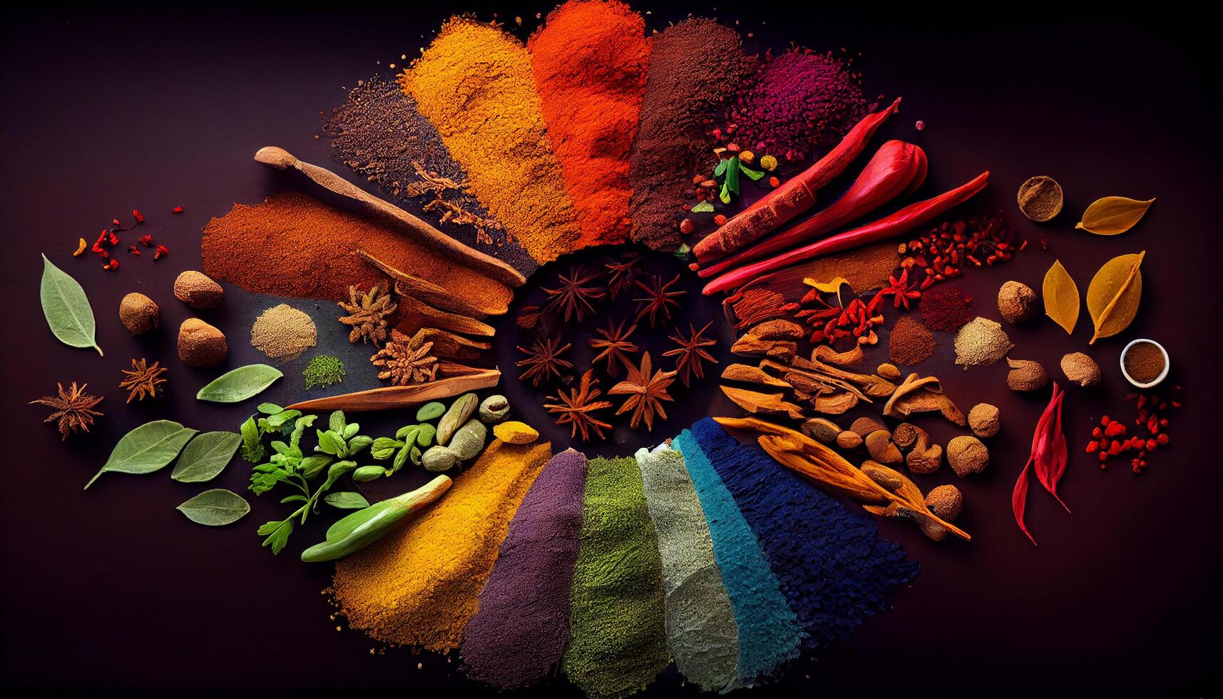 Spice variety on a wooden table surface , photo