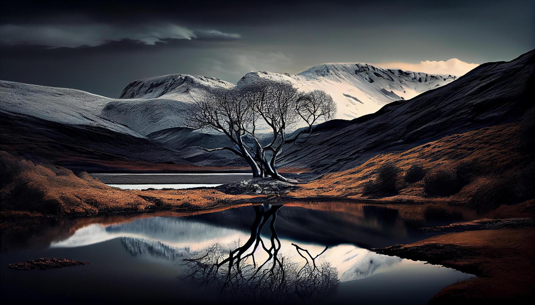 Nature tranquil beauty reflected in calm water , photo