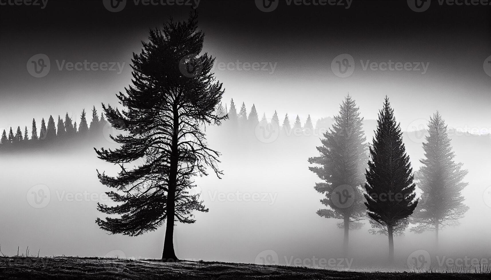 Tree silhouette in fog on dark landscape terrain , photo